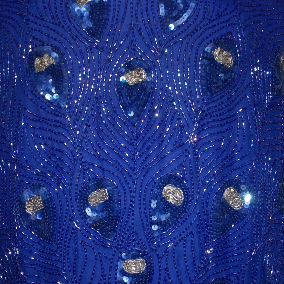Vintage PEACOCK FEATHER Beaded Blue Silk Top S/M - Picture 4 of 5